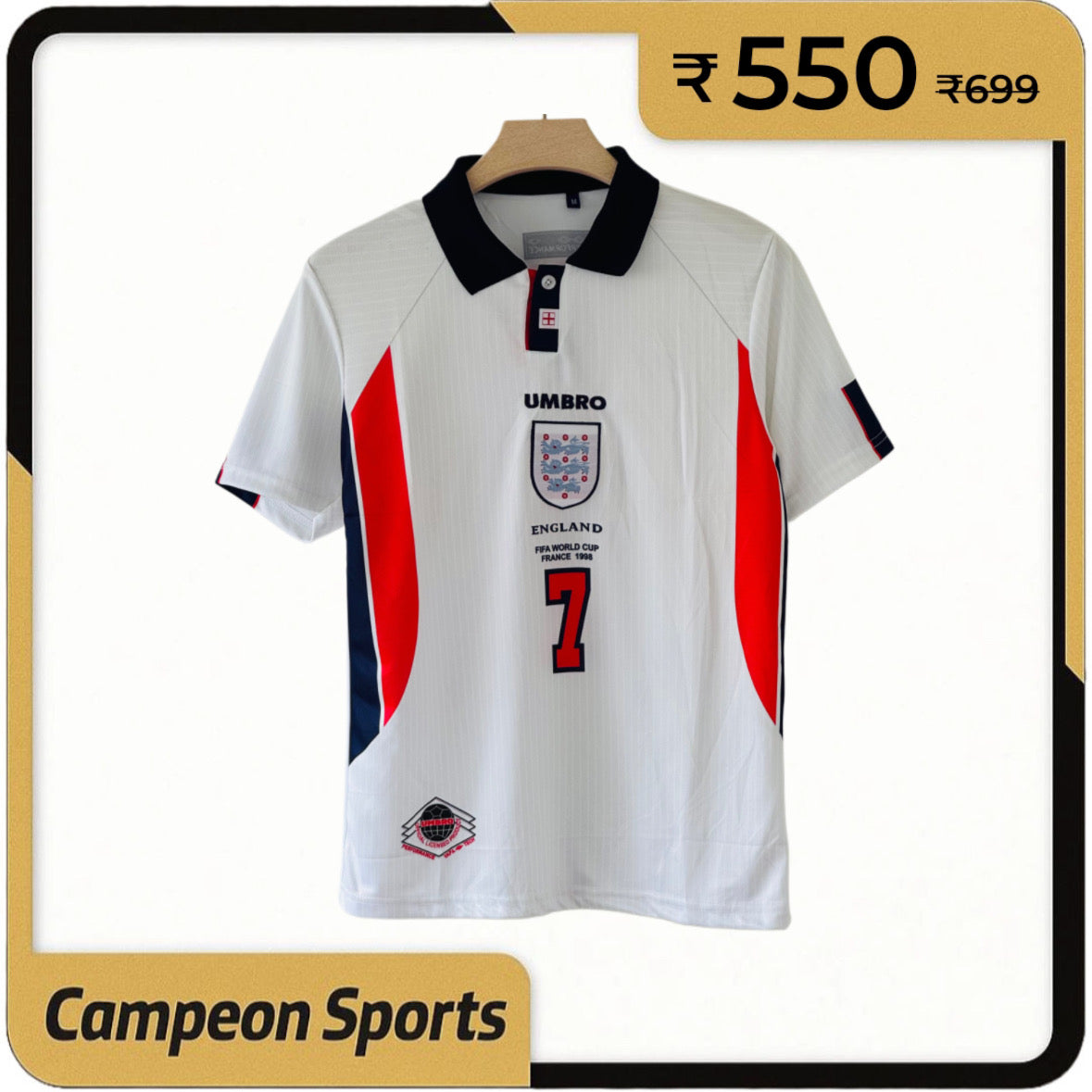 1998 England World Cup Jersey - Beckham Retro Edition