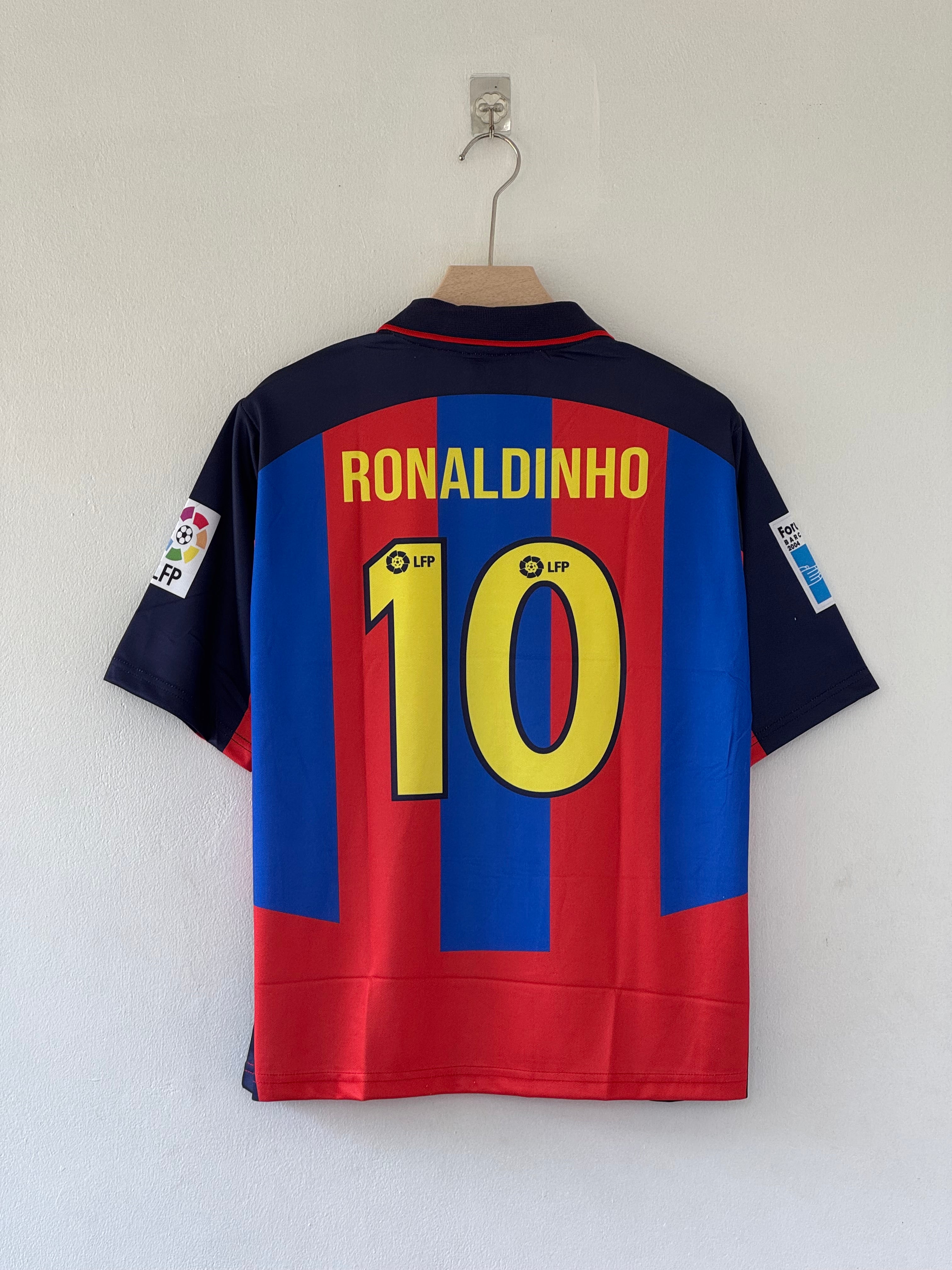 2003-04 Barcelona Home Jersey - Ronaldinho Five sleeve edition