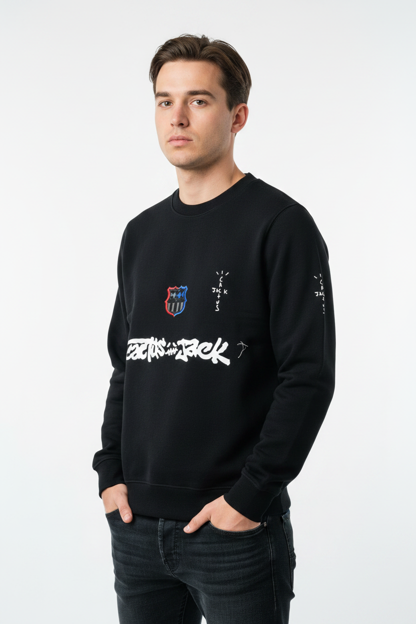 FC Barcelona x Cactus Jack sweatshirt features bold white graffiti-style "Cactus Jack" T-shirt