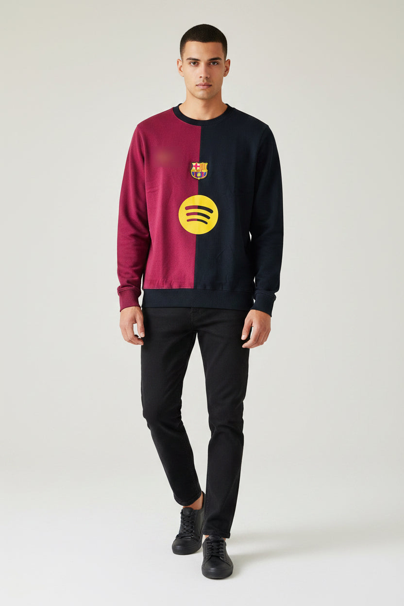 Barcelona FC crew-neck sweatshirt features a distinct split design in maroon and black
