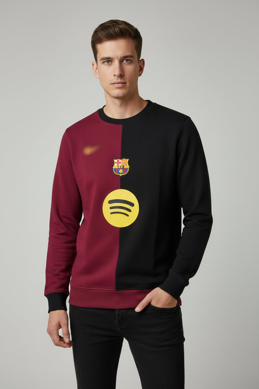 Barcelona FC crew-neck sweatshirt features a distinct split design in maroon and black